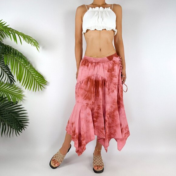 Vintage Pink Tie Dye Boho Fairycore Low Rise Beachy Cottagecore Midi Skirt / L - Picture 1 of 7